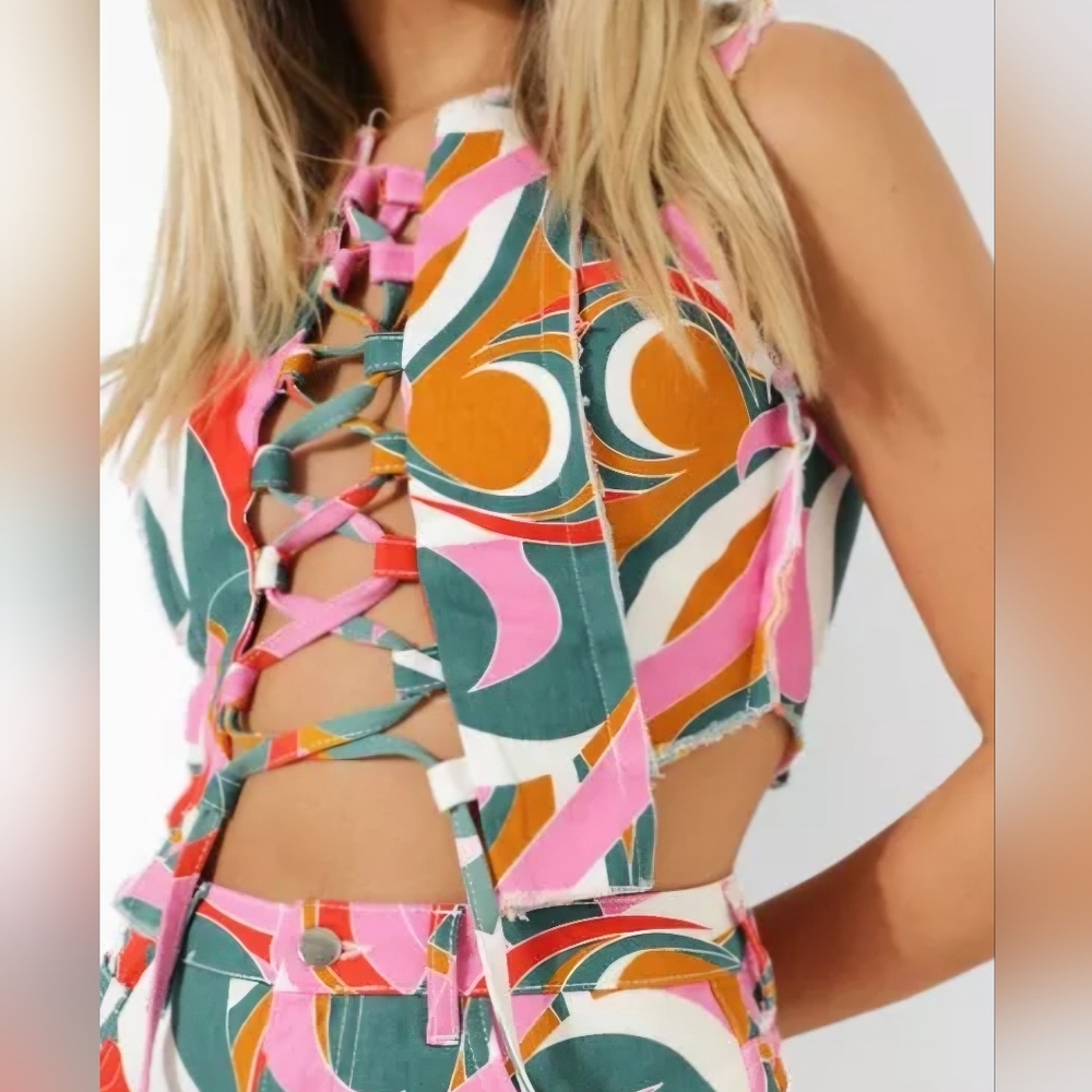 NWT Abstract Denim Lace Up Crop Top (12)
